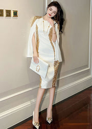 French White O Neck Sequins Patchwork Cotton Dress Fall