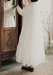 French White O Neck Wrinkled Patchwork Cotton Long Dresses Fall