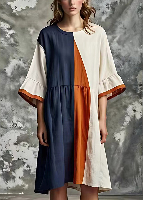 French White Oversized Patchwork Cotton Dress Flare Sleeve