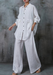 French White Oversized Pockets Cotton Two Pieces Set Summer