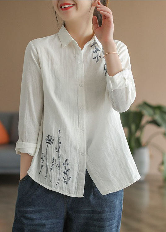 French White Peter Pan Collar Embroideried Cotton Shirt Tops Spring