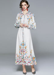 French White Peter Pan Collar Print Chiffon Dresses Fall