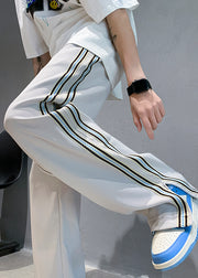 French White Pockets Striped Side Open Ice Silk Men Pants Summer