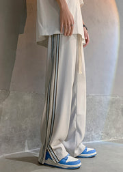 French White Pockets Striped Side Open Ice Silk Men Pants Summer