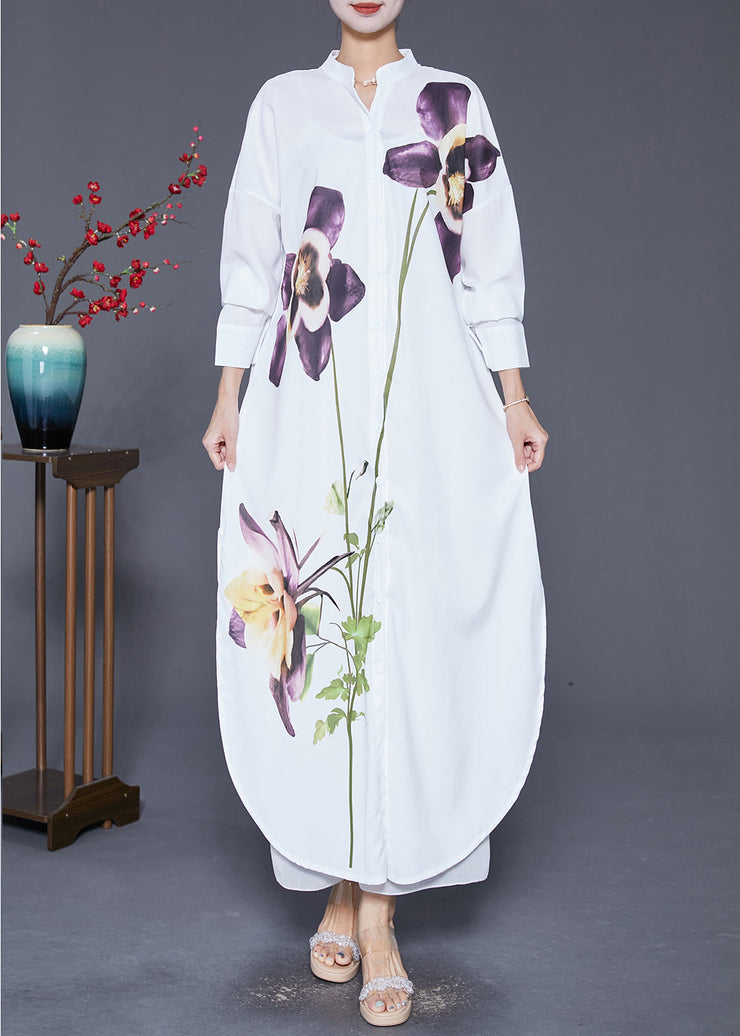 French White Print Side Open Chiffon Long Shirts Dress Fall