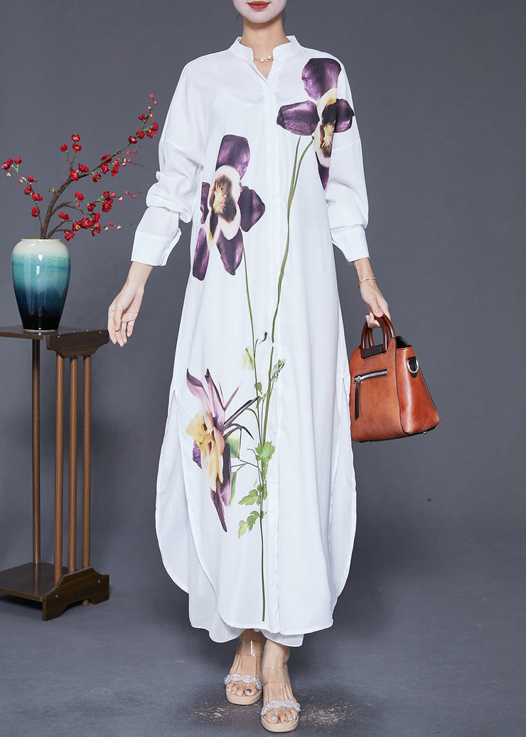 French White Print Side Open Chiffon Long Shirts Dress Fall