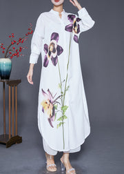 French White Print Side Open Chiffon Long Shirts Dress Fall