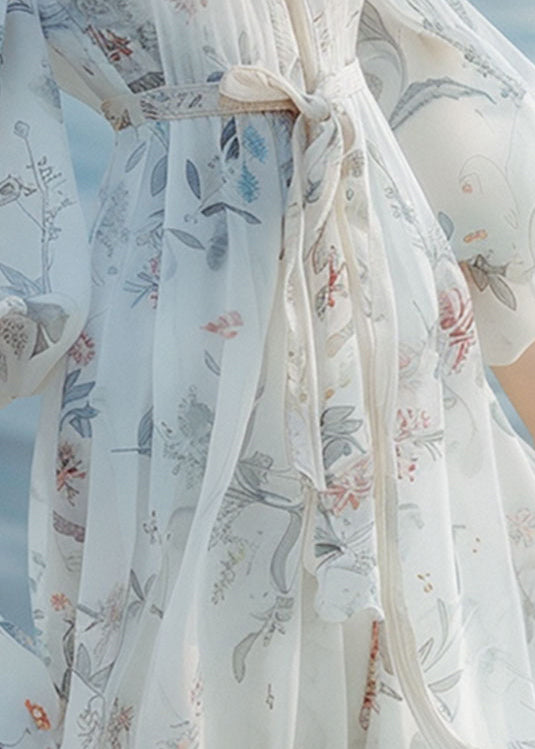 French White Print Tie Waist Long Dresses Lantern Sleeve