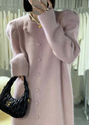 French White Puff Sleeve Button Patchwork Woolen Coat Winter