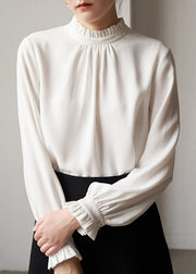 French White Ruffled Patchwork Chiffon Top Long Sleeve