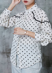 French White Stand Collar Dot Cotton Shirt Tops Spring