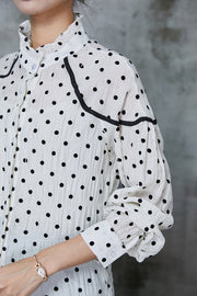 French White Stand Collar Dot Cotton Shirt Tops Spring