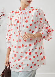 French White Stand Collar Dot Print Chiffon Blouses Spring