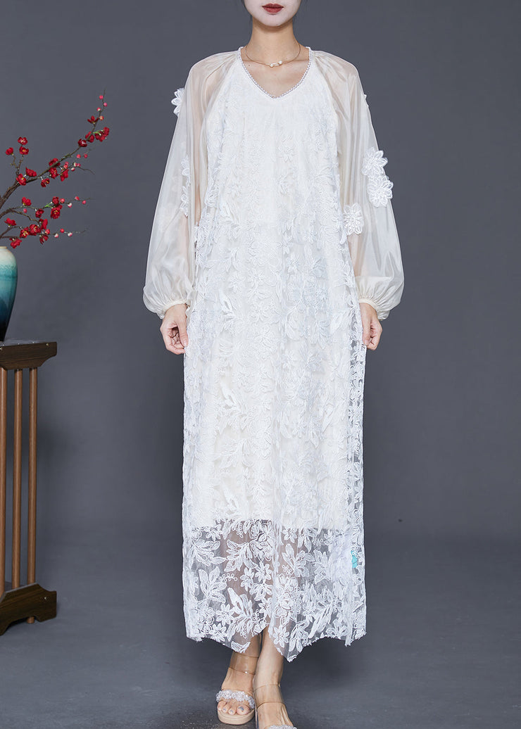 French White Stereoscopic Floral Lace Long Dresses Fall