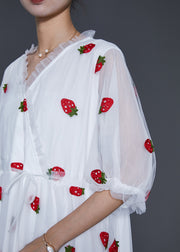 French White Strawberry Print Tulle Vacation Dresses Summer