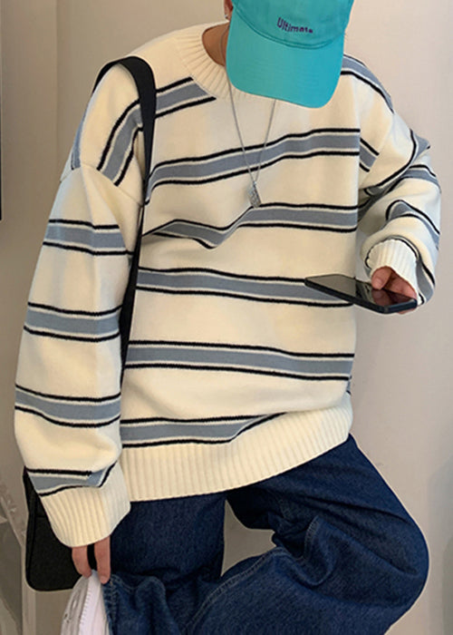 French White Striped Cozy Knit Men Sweaters Winter