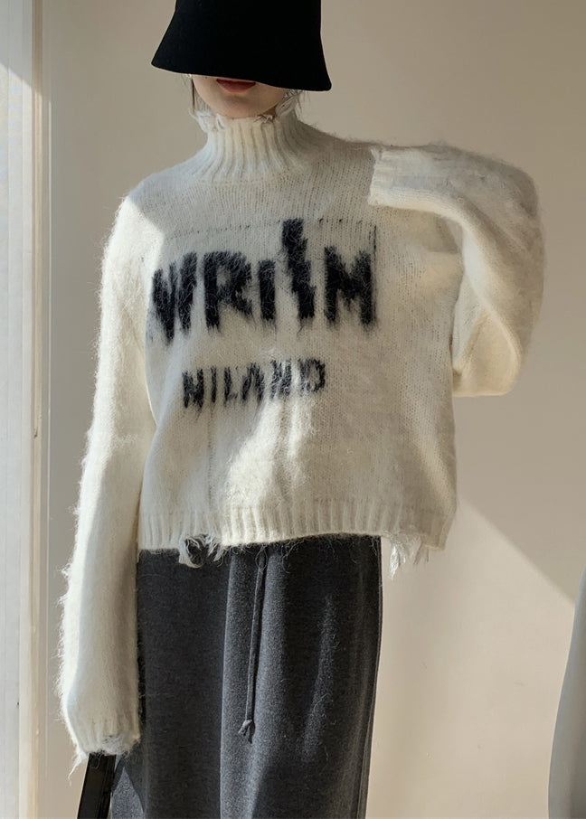 French White Turtleneck Hole Letter Knit Sweater Winter