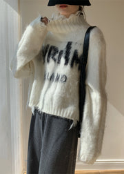 French White Turtleneck Hole Letter Knit Sweater Winter