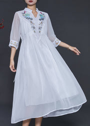 French White V Neck Embroidered Chiffon Dress Summer