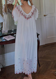 French White V Neck Embroidered Floral Maxi Dresses Long Sleeve