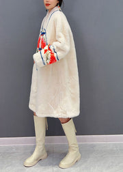 French White V Neck Oriental Button Print Fuzzy Fur Fluffy Coat Winter