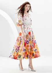 French White V Neck Print Sashes Patchwork Chiffon Dresses Lantern Sleeve