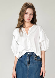 French White V Neck Ruffled Cotton Shirts Top Summer