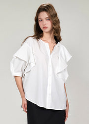 French White V Neck Ruffled Cotton Shirts Top Summer