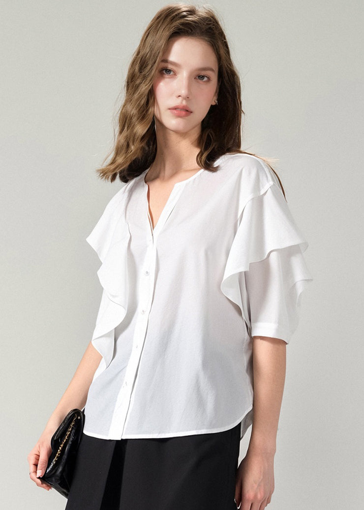 French White V Neck Ruffled Cotton Shirts Top Summer