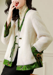 French White V Neck Tasseled Patchwork Wool Coat Winter