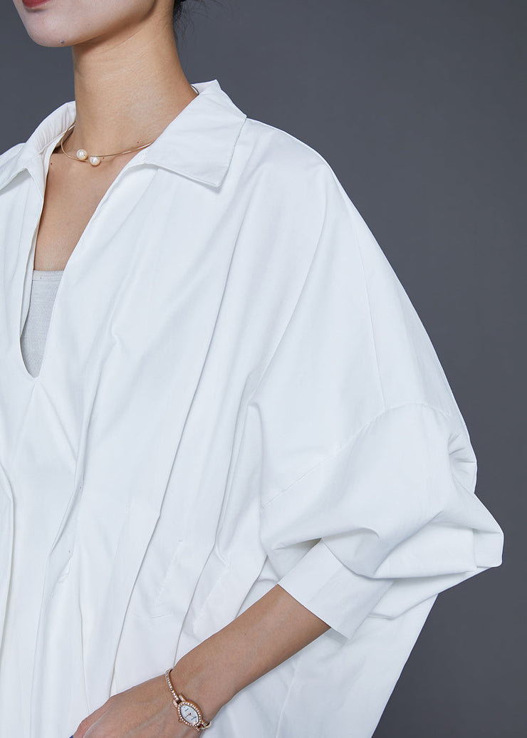 French White V Neck Wrinkled Cotton Blouses Fall