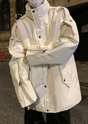 French White Zip Up Button Faux Leather Men Parka Winter