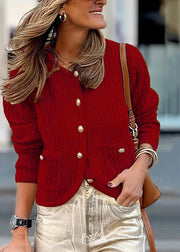 French Wine Red V Neck Jacquard Pockets Knit Loose Coat Fall