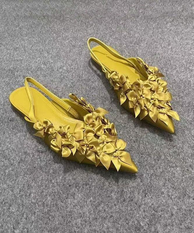 French Yellow Bow Pointed Toe Flat Sandals