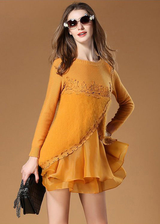 French Yellow Cross Connection Patchwork Organza Knit Dress Spring