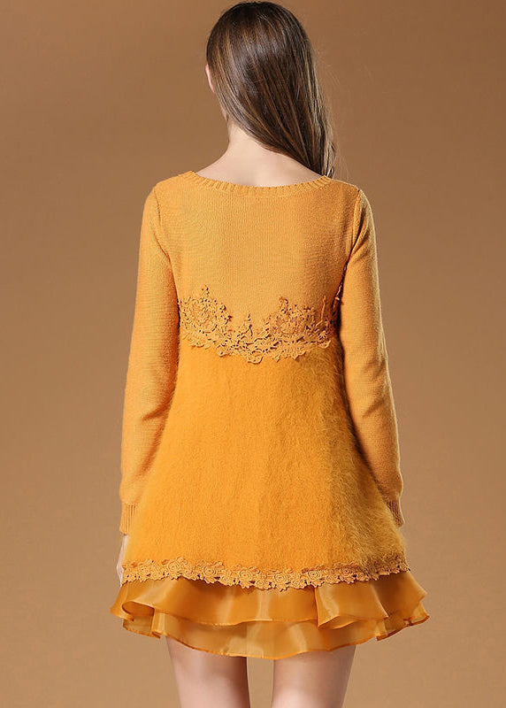 French Yellow Cross Connection Patchwork Organza Knit Dress Spring