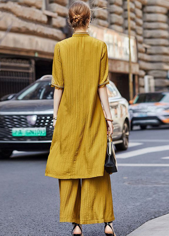 French Yellow Embroideried Chinese Button Silk Two-Piece Set Fall