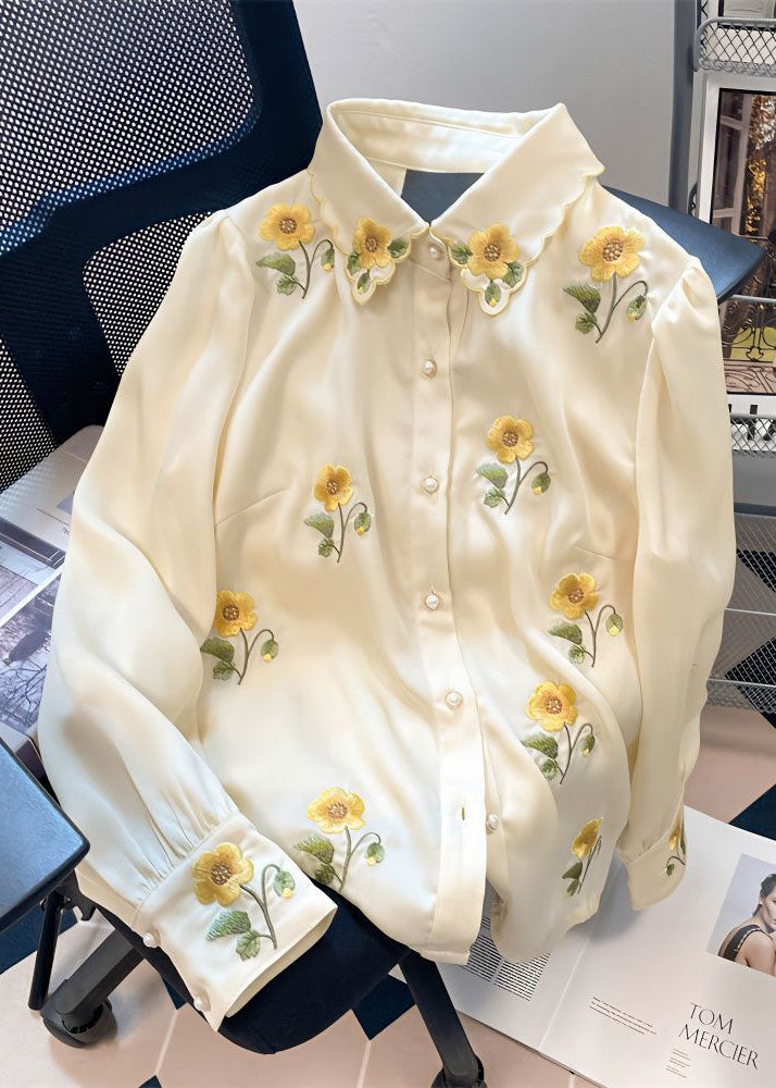 French Yellow Floral Embroideried Patchwork Silk Shirt Tops Spring