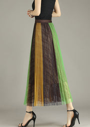 French Yellow Green Lace Patchwork Tulle Pleated Skirt Summer