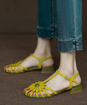 French Yellow Hollow Out Sandals Splicing Floral Chunky