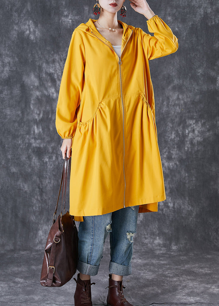 French Yellow Hooded Pockets Trench Coats Fall