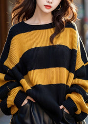 French Yellow O Neck Striped Cozy Knit Sweaters Winter