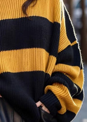 French Yellow O Neck Striped Cozy Knit Sweaters Winter