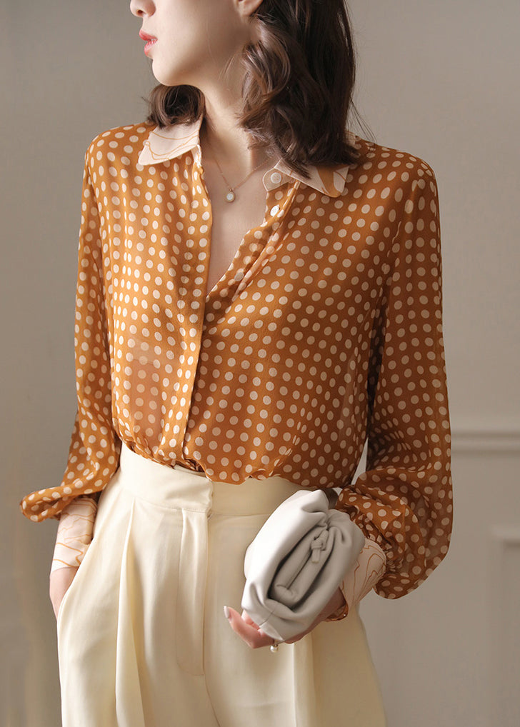 French Yellow Peter Pan Collar Dot Chiffon Blouse Spring