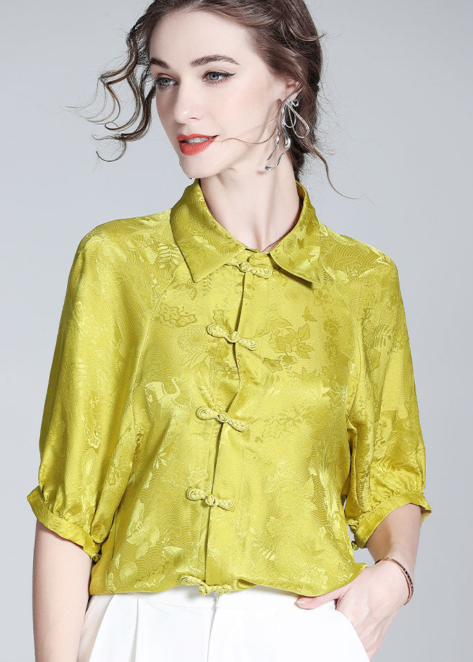 French Yellow Peter Pan Collar Patchwork Oriental Button Silk Shirt Spring