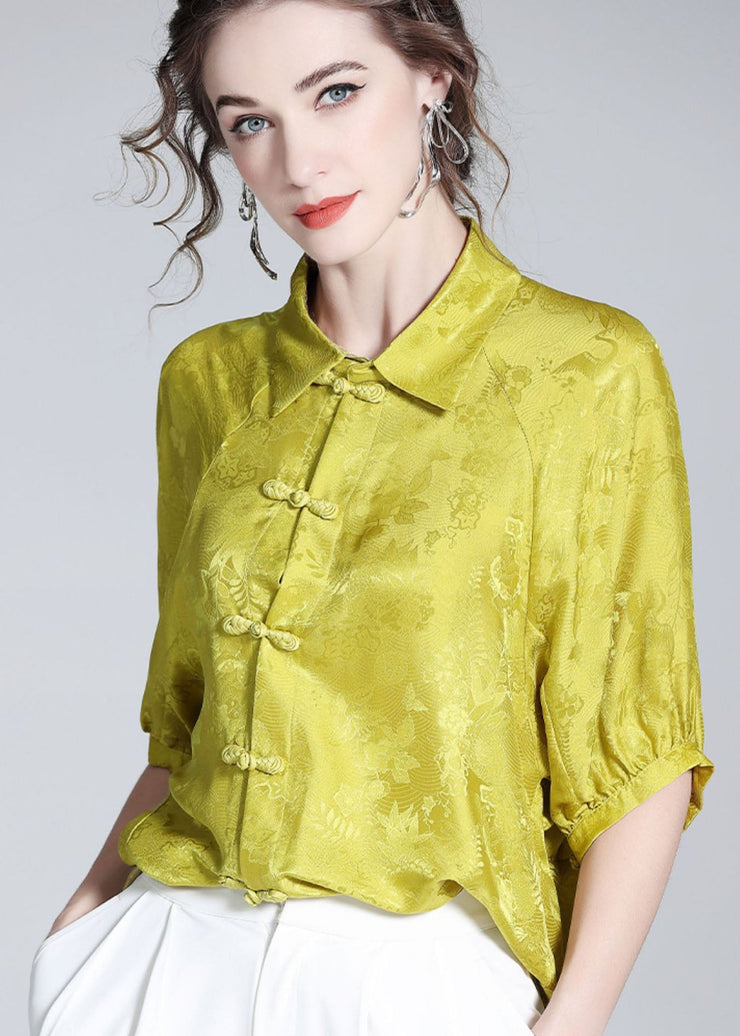 French Yellow Peter Pan Collar Patchwork Oriental Button Silk Shirt Spring