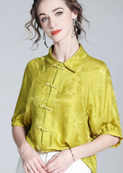 French Yellow Peter Pan Collar Patchwork Oriental Button Silk Shirt Spring