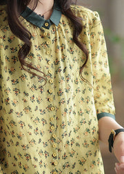 French Yellow Peter Pan Collar Print Button Linen Shirt Half Sleeve