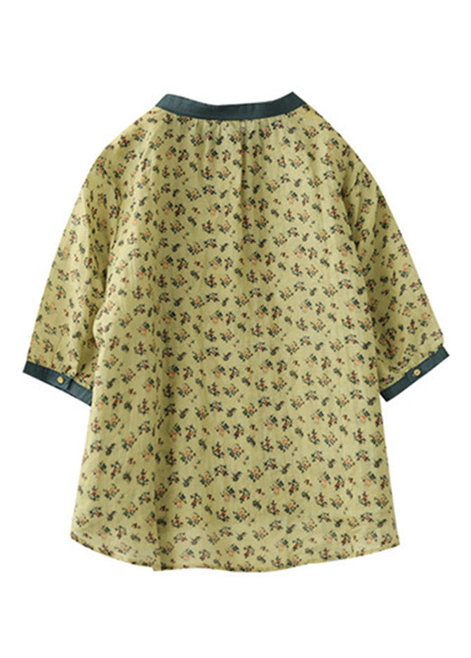 French Yellow Peter Pan Collar Print Button Linen Shirt Half Sleeve