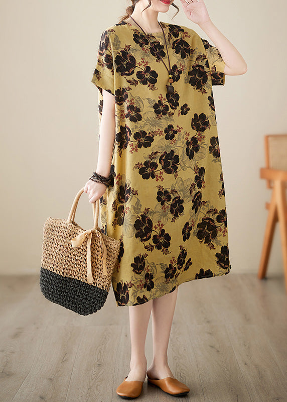 French Yellow Print Patchwork Holiday Long Dress Short Sleeve